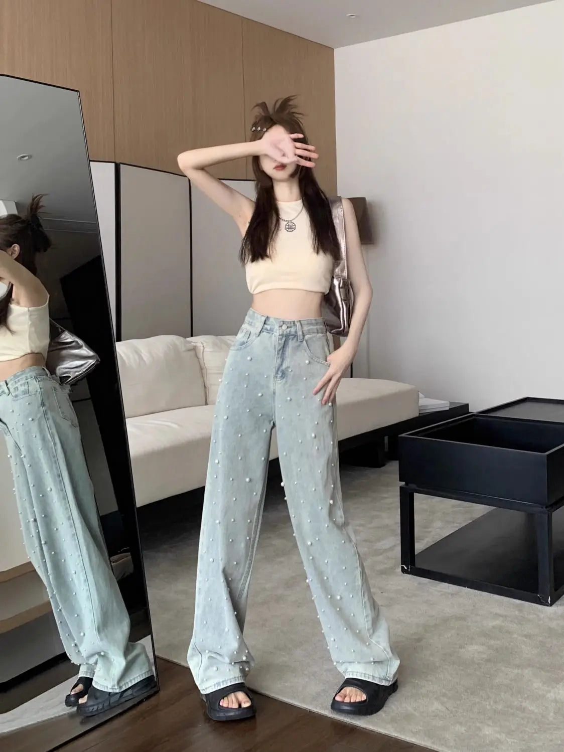 Women's Jeans High Waist Straight Blue Beaded Pearls Denim Pants Spring Autumn Chic Streetwear Design Baggy Jeans Women Clothing