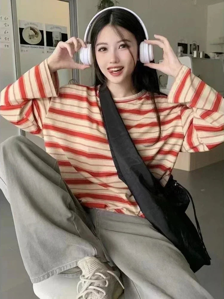 Women Sweatshirt Long Sleeve Y2k women's clothing Anime Hoodies Striped T Shirt Harajuku Streetwear Pullovers Women Tops jackets