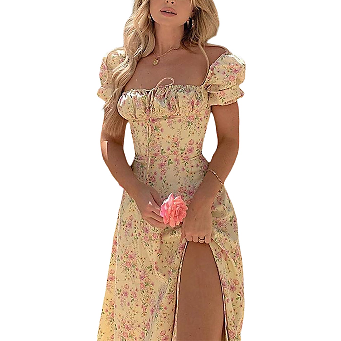 Elegant Women s Maxi Dress with Puff Sleeves Lace-Up Detail Floral Print and High Side Split for a Stylish Look