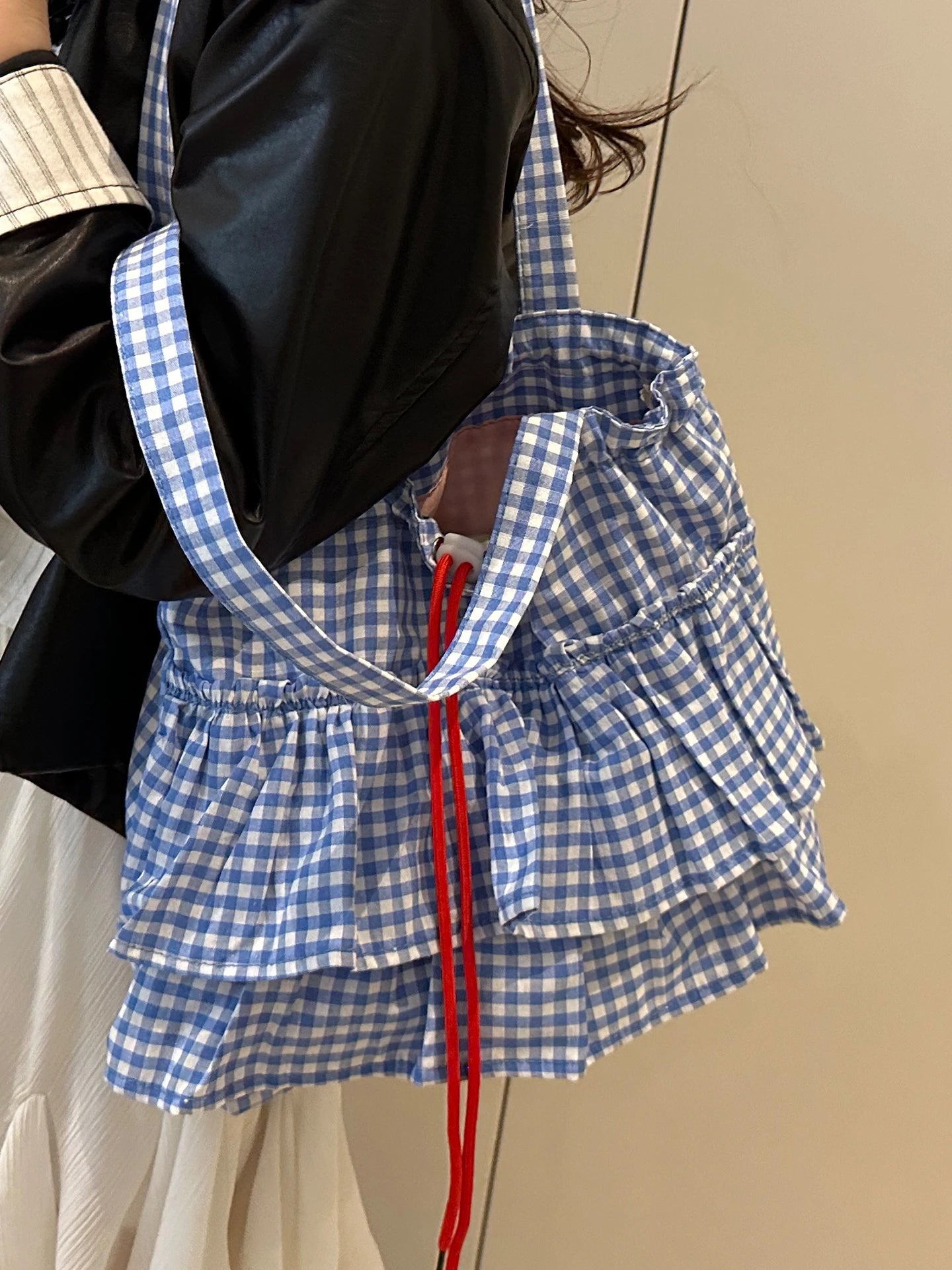 Korean Sle Large Capaci Canvas Tote Bag Blue Plaid Single oulder Skirt Pleated Gown Bag Faionable Casual Handbag