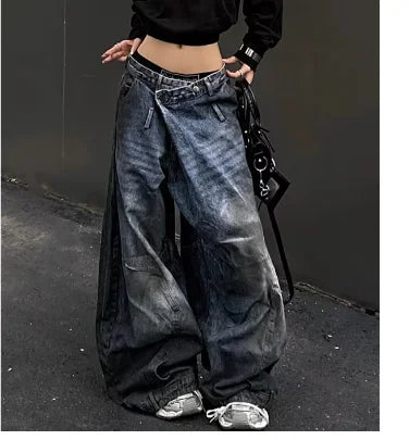 Blue Womens Jeans High Waist Vintage Design Hip Hop Straight Baggy Denim Pants Street Y2K American Style Wide Leg Denim Trouser