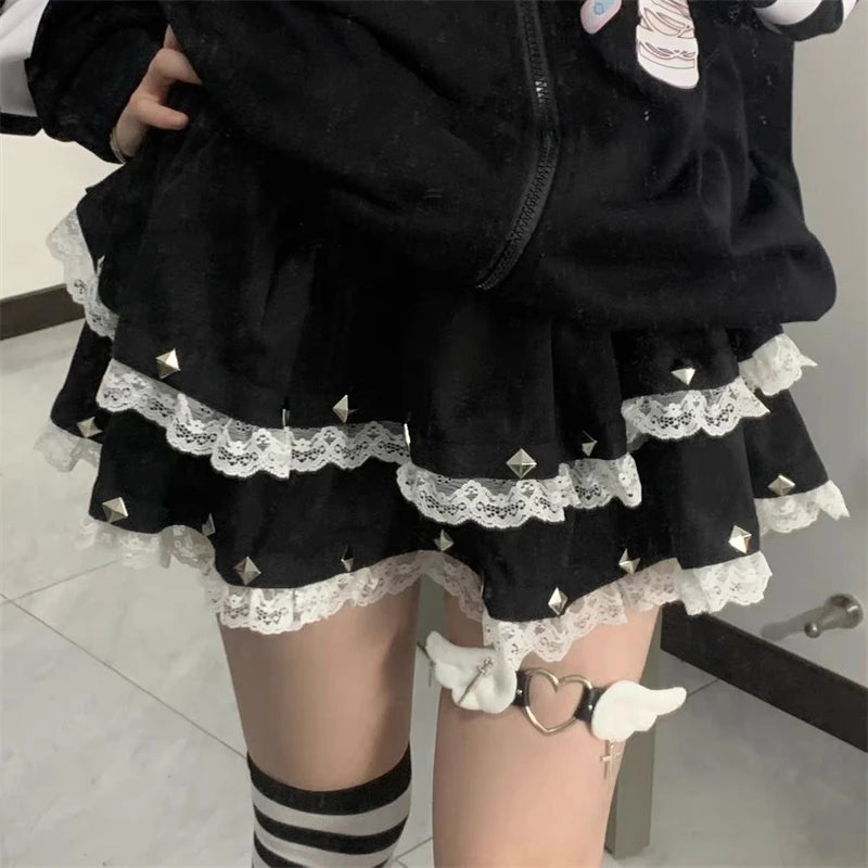 Women Lace Patchwork Rivet Ruffles Tierred Lolita Fairy Mini Skirts Summer Female High Waist Sweet Kawaii Chic Y2K A Line Skirt