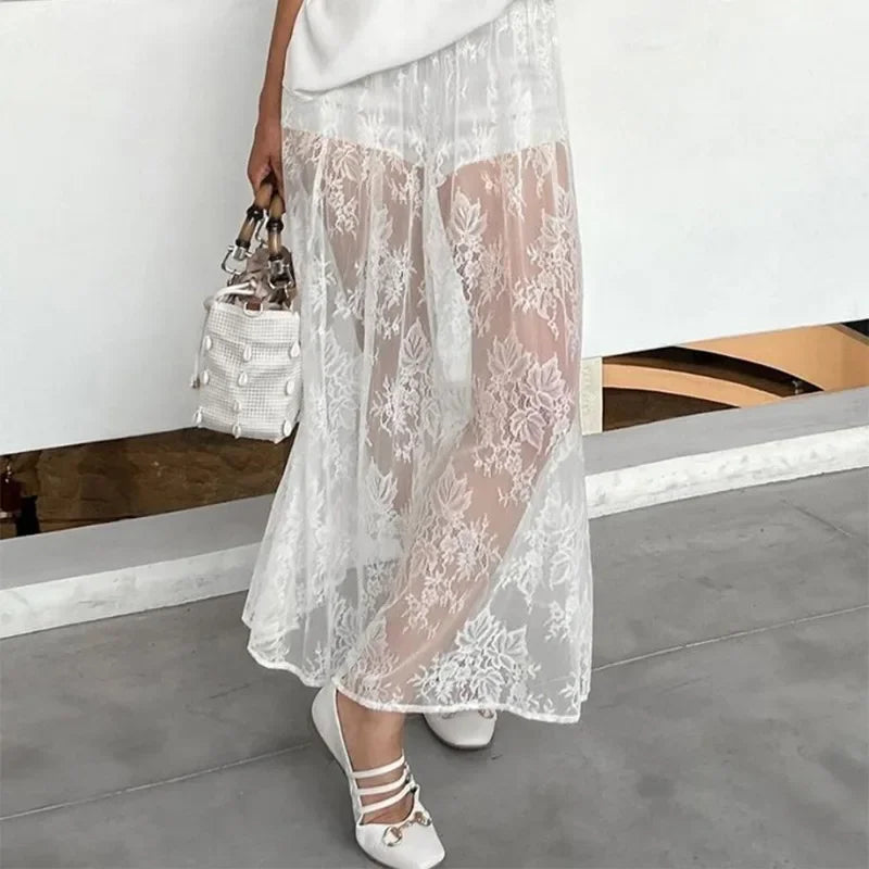 Talenza Lace See-through Skirt Women's White Floral High Waist Patchwork Skirt Lady Summer Sexy Party Elegant A-Line Long Skirt
