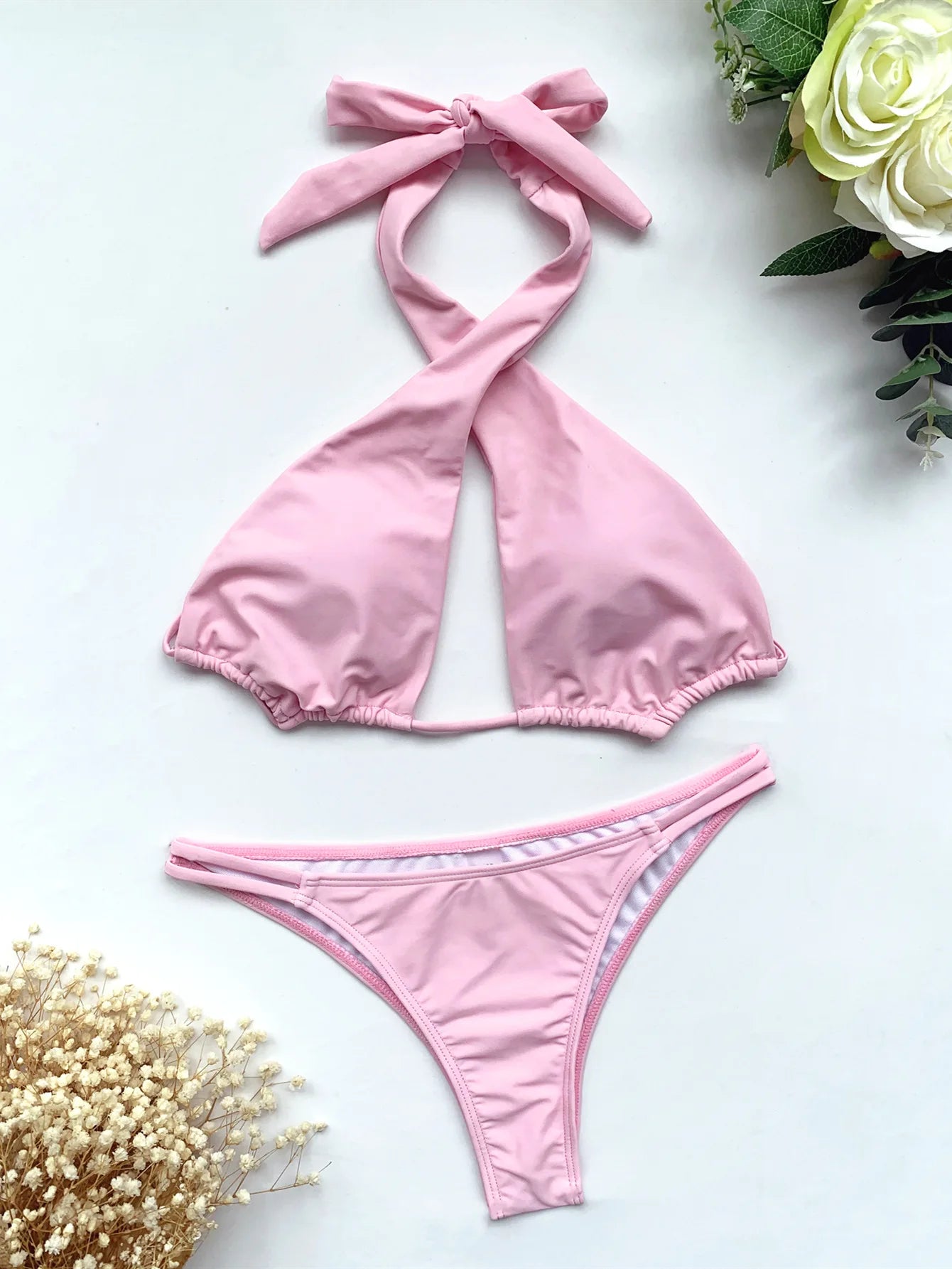 2025 Summer Women's Halter Lace-Up Swimsuit Backless Bikini Set Sexy Hollow Out Swimwear High Waist Monokini Beach Bathing Suits