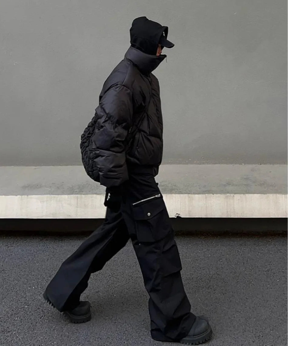 Black Stand Collar Cotton Jacket Mens Heavy Weight Winter Trend High Street Short Parkas Thickening Warm Fluffy Bread Coats