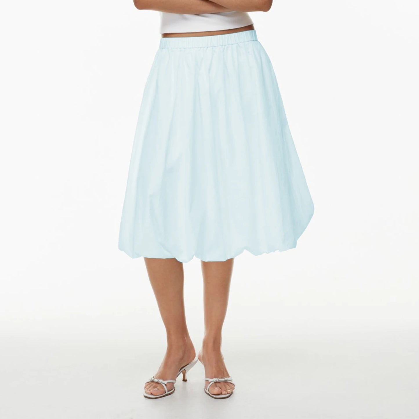 Women Bubble A-Line Skirt Casual Summer Solid Color Elastic Waist Gothic Midi Skirt for Beach Vacation Club Streetwear