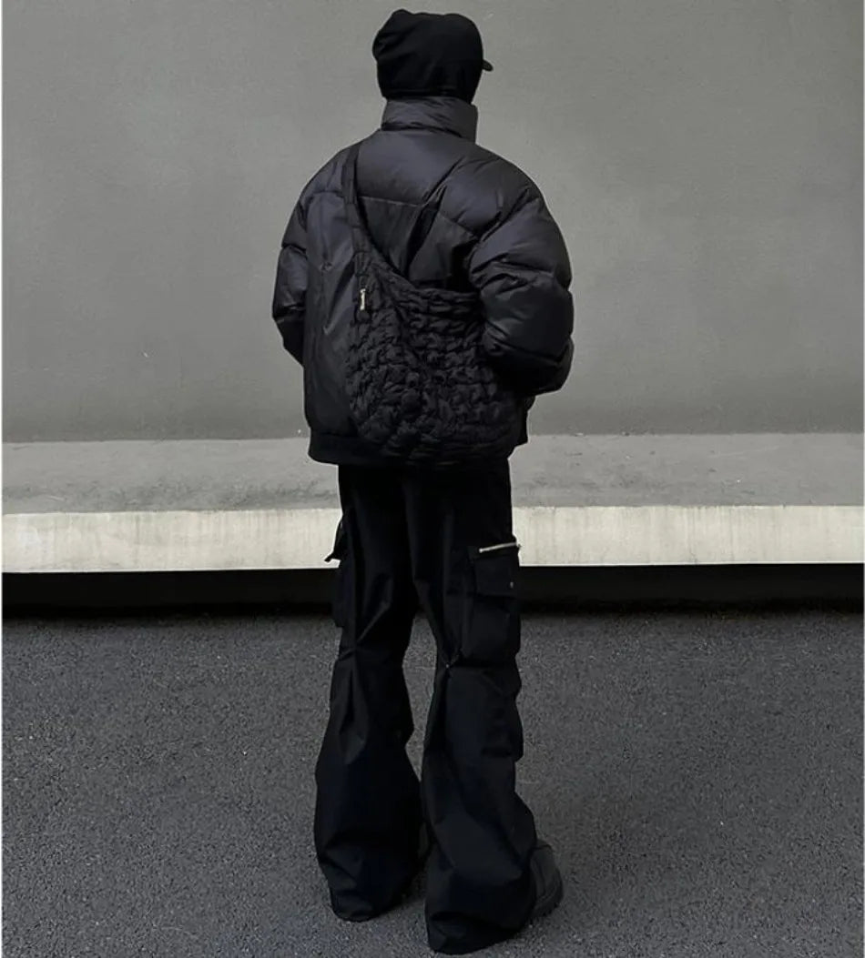 Black Stand Collar Cotton Jacket Mens Heavy Weight Winter Trend High Street Short Parkas Thickening Warm Fluffy Bread Coats