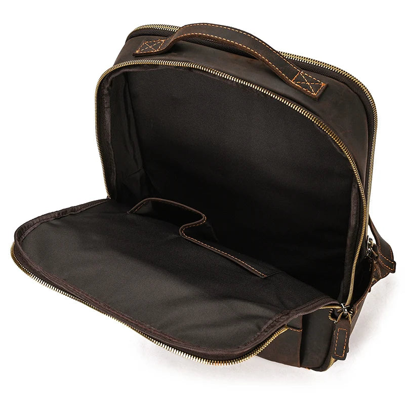Vintage Travel Backpack leather double zipper bagpack male crazy horse leather backpack handmade leather travel bag men bag