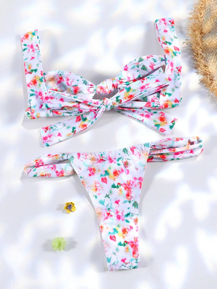Plaid Print Bikinis Bow Swimwear Women Swimsuit Triangle Bikini Set Bandage Bath Suit Low Waist Thong Beachwear New Biquini
