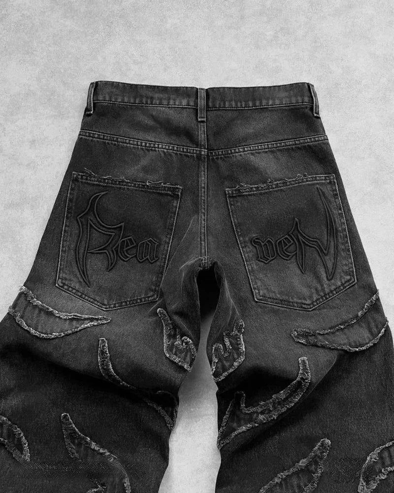 90s Streetwear Retro Hip Op Flame Embroidery Loose High Waisted Men Jeans Female Y2K New Harajuku Gothic Wide Leg Pants