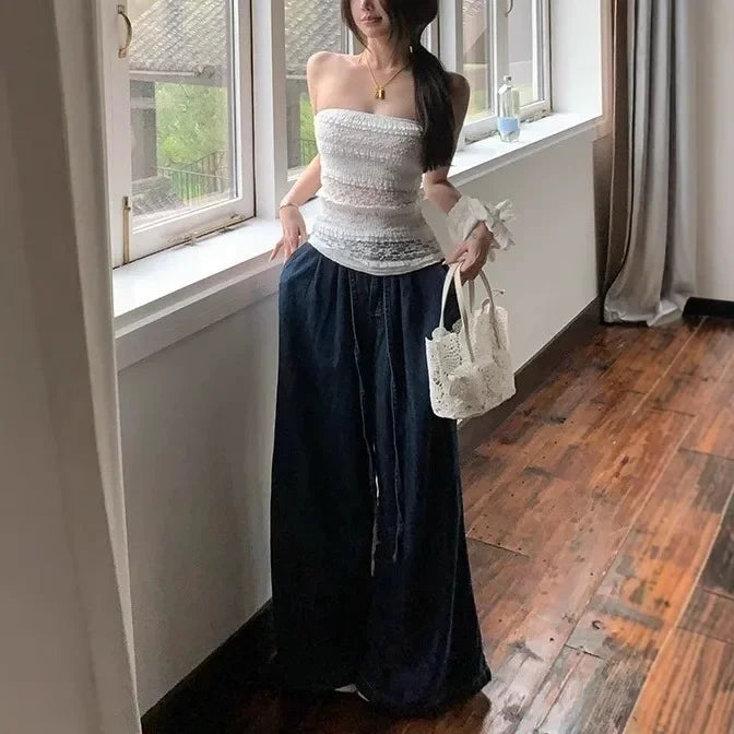 Titi Little Sister Summer French Lace Hollow Splicing White Outerwear Top Strapless Floral Embroidery Hollow out Design
