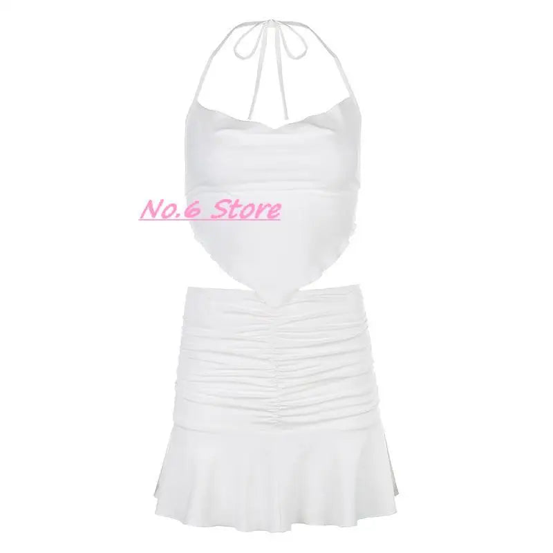 2022 Sexy Two-piece Solid Color Mini Skirt Female Sexy V-neck Crop Top + Elastic Waist Short Skirt Suit Harajuku Y2k Summer Suit