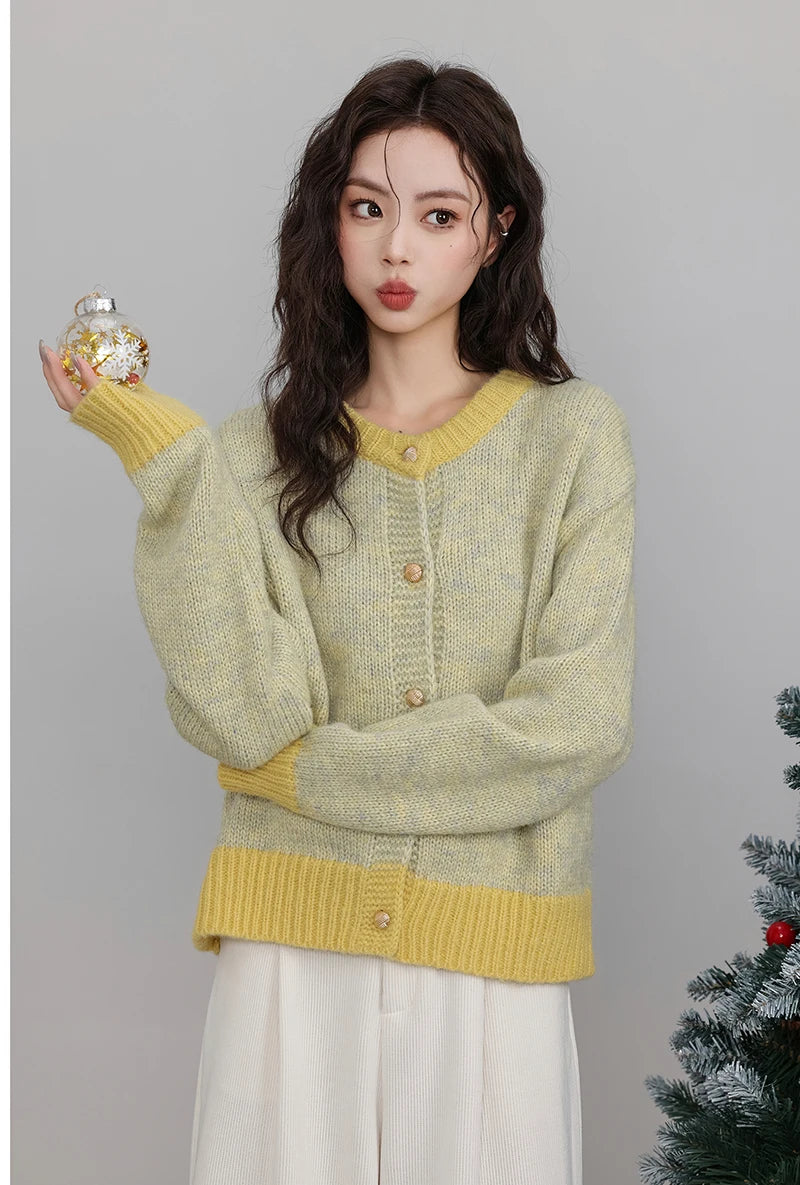 HELIAR Single-breasted Cardigan Long Sleeve Patchwork Knitted Sweater O-Neck Casual Warm Coat Office Outerwear Autumn Winter