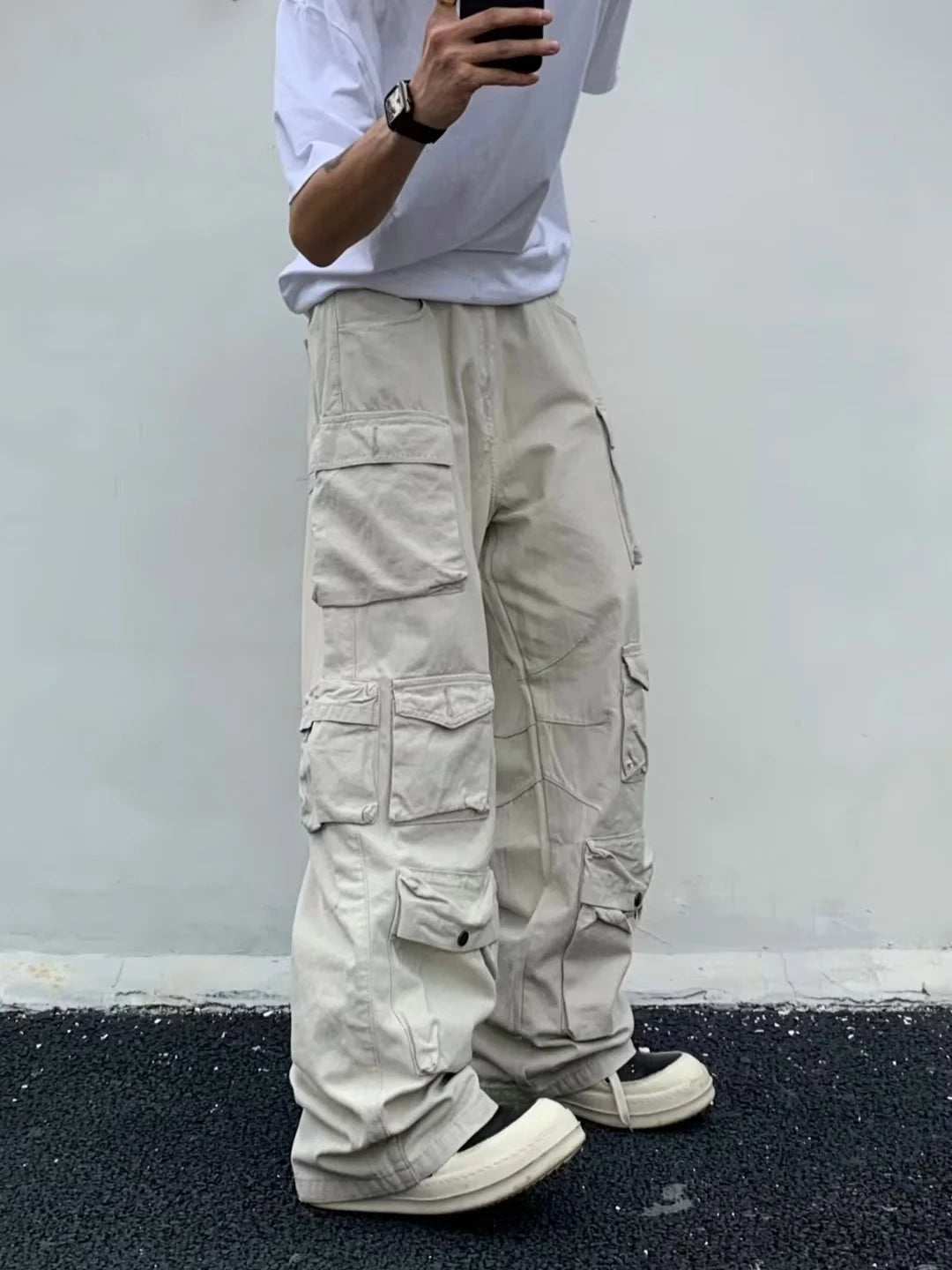 Spring Cargo pants New Popular Rice White Multi-pockets Overalls Harajuku stays Men Loose Casual Trousers Straight Mopping Pants