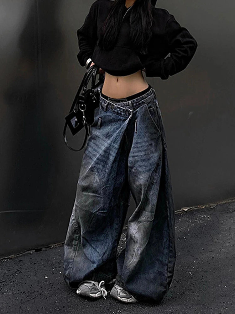 Blue Womens Jeans High Waist Vintage Design Hip Hop Straight Baggy Denim Pants Street Y2K American Style Wide Leg Denim Trouser