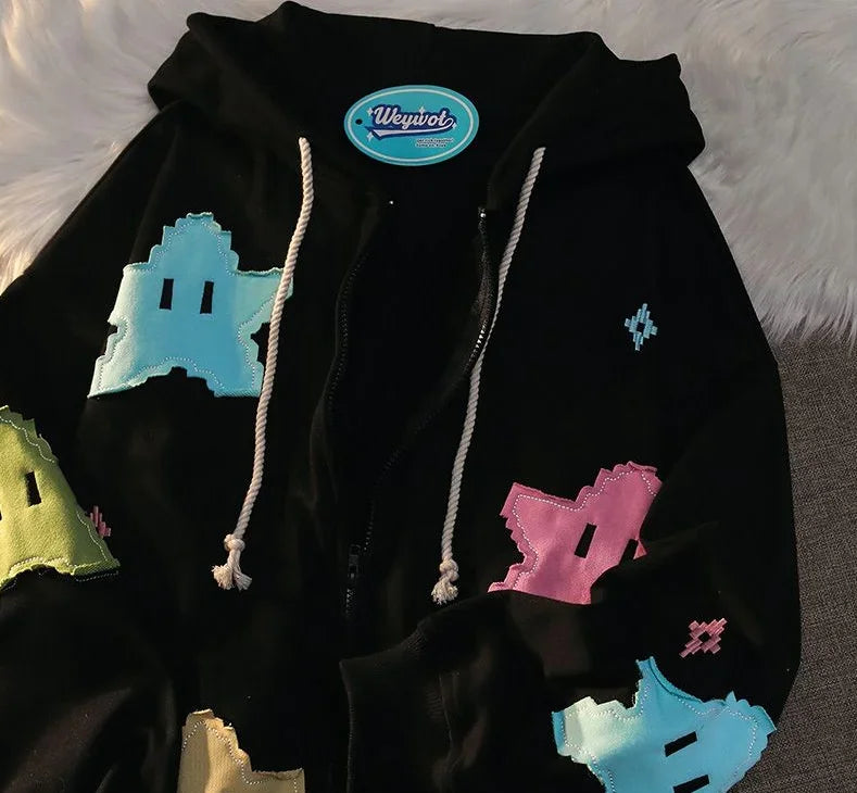 British Gothic Punk Style Printed Star Patch Embroidery Mens and Womens Hooded Cardigan Harajuku Retro Oversized Bat Sleeve Top