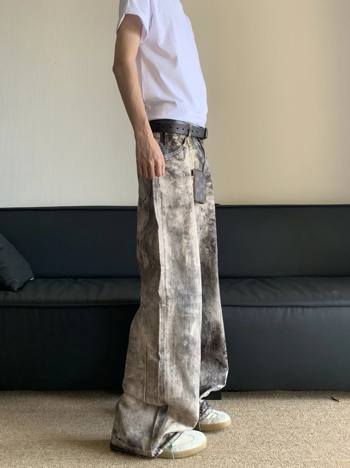 Jeans Men Floor Length Pant Denim Pants Camouflage Print Loose Casual Straight Trousers Pocket Splice Autumn Winter 2024