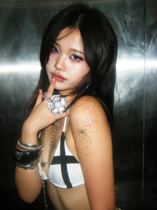 Goth rock punk hip hop aesthetic women bikini set sexy slim chic cross print summer mini shorts Y2K Harajuku emo girl streetwear