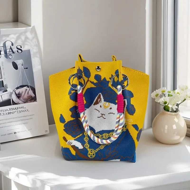 Cute Cat Design Large Capacity Portable Tote Bag Casual Versatile Commuter Bucket Bag Polyester Fiber Handbag from Mainland Chin