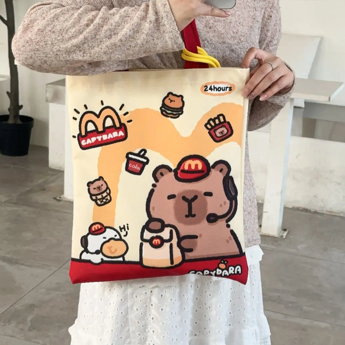 Canvas Bag Novelty Tote Bag Kapibara with Zipper Inner Daily Large Capacity Shoulder Bag Cartoon Capybara Kawai Handbags