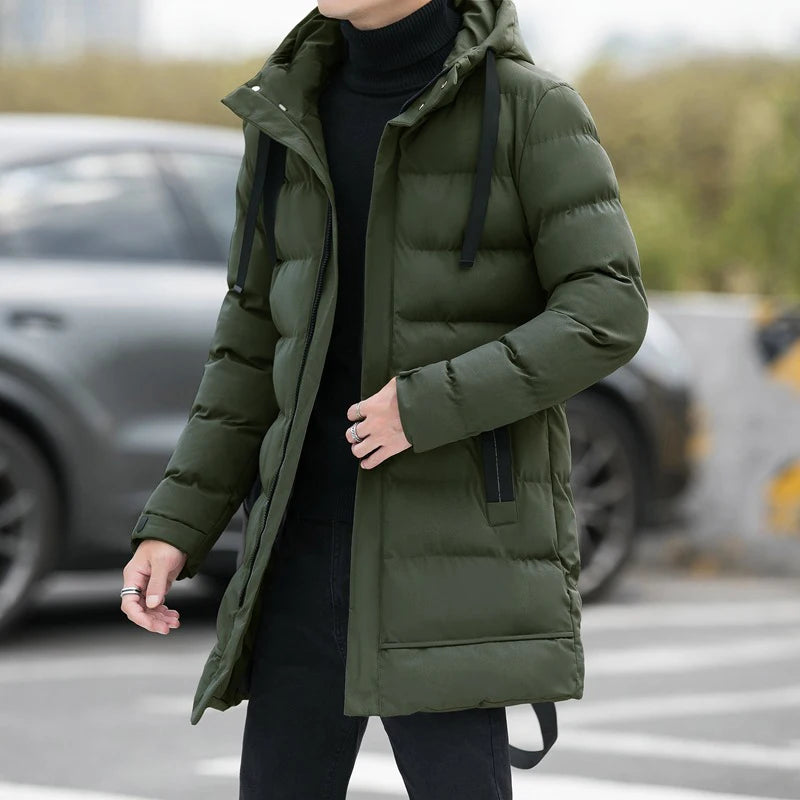 Men Warm Long Puffer Jacket Thicken Quilted Mid-length Hooded Coat Winter Casual Puffer Jacket Outwear Overcoat Coat Parka