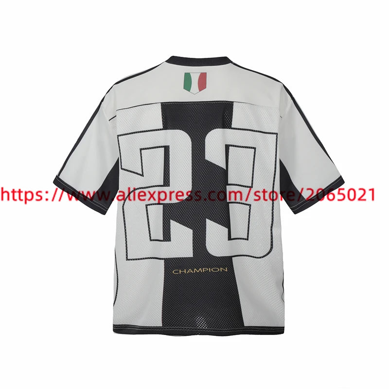 Black White Patchwork Mesh Saint T-Shirt Men Women High Quality Short Sleeve Tee Loose T Shirt