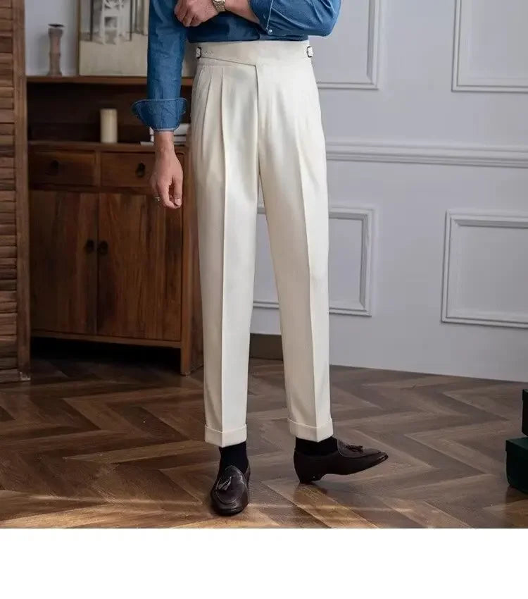 High-waisted Casual Straight-leg Suit Pants For Men Autumn Vintage Draped Waist Trousers Naples Retro Style Business Formal Wear