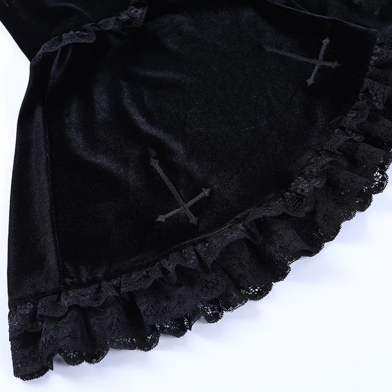 Goth Dark Mall Gothic Aesthetic Velvet Pleated Mini Skirts Women Vintage Harajuku Emo Alt Clothes High Waist Lace Ruffles Skirt