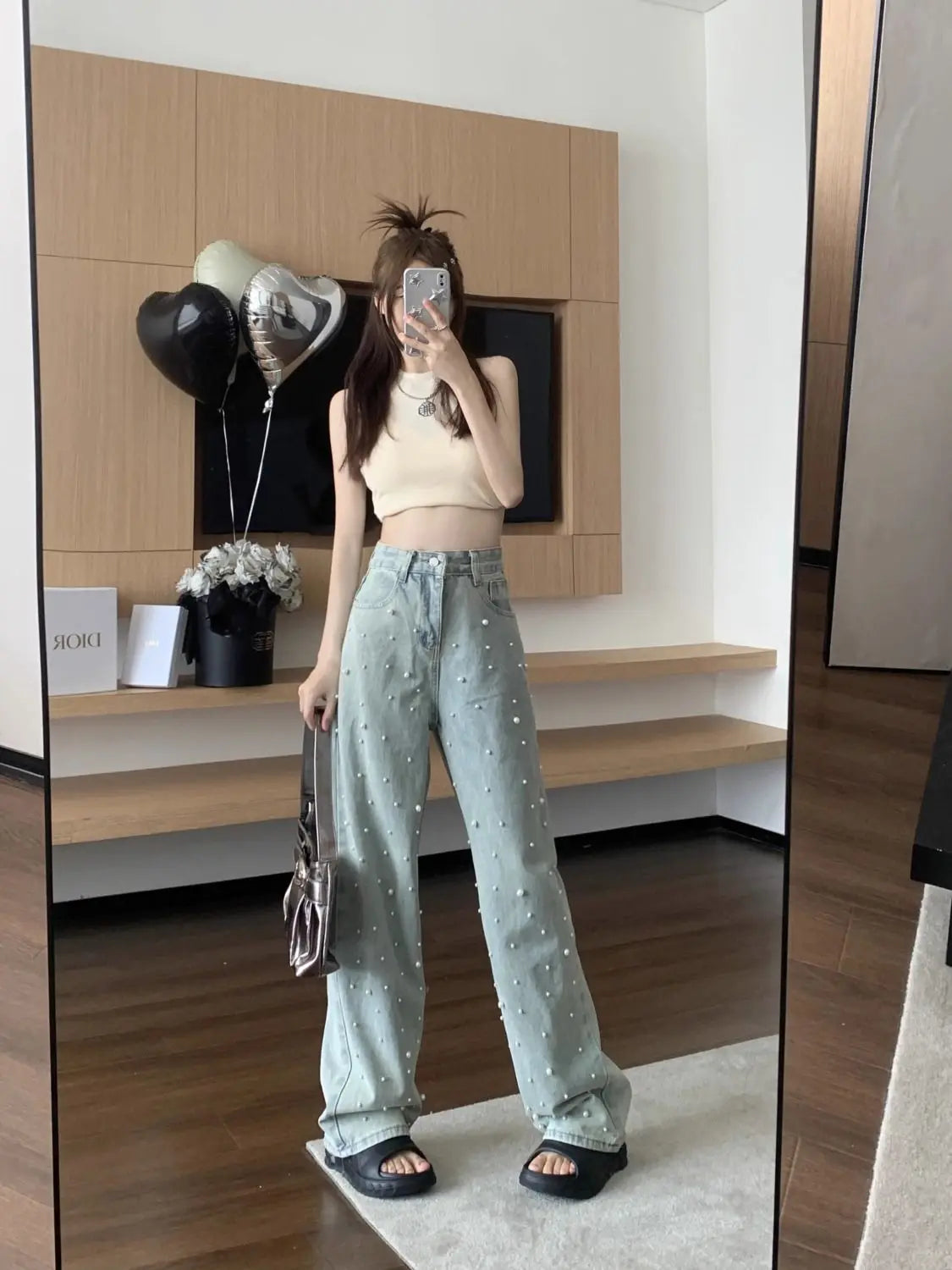 Women's Jeans High Waist Straight Blue Beaded Pearls Denim Pants Spring Autumn Chic Streetwear Design Baggy Jeans Women Clothing