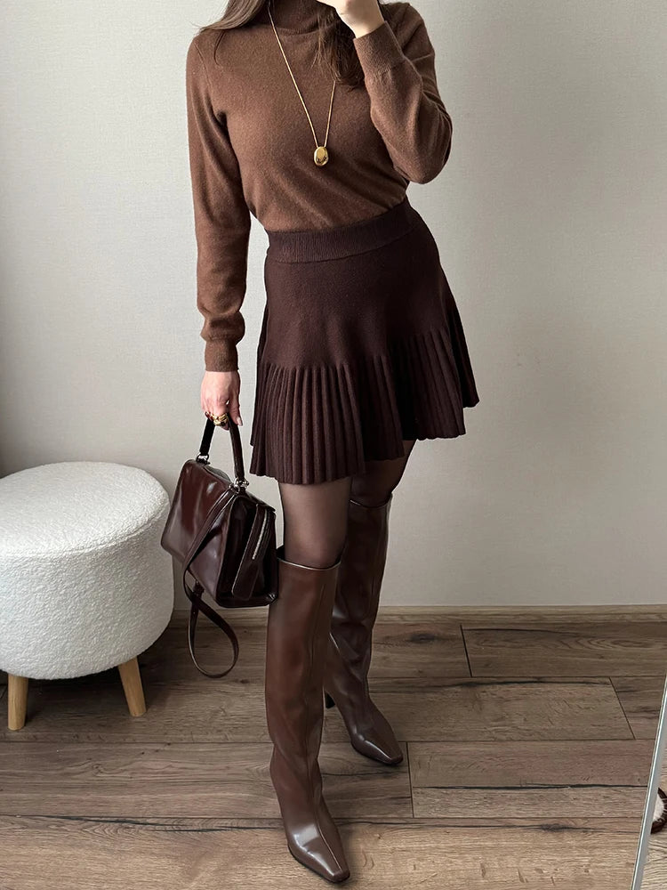 Knitted Pleated School Skirt Women Spring Winter Sexy A-line Women's Skirt Solid Casual High Waist Short Skirts For Woman Black