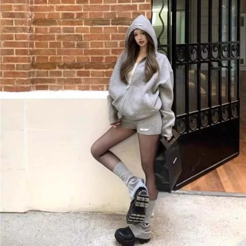 Y2k Retro Casual Suit European American Hip-hop Hooded Long-sleeved Jacket Autumn and Winter Straight Shorts Sexy Two-piece Set