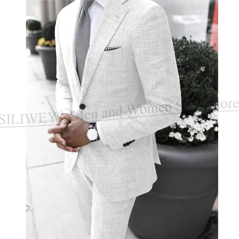2025 Dark Gray Linen Men's Suit Bridegroom Tuxedo Tailor-Made Wedding Custom Single Breasted Male Blazer 2 pcs(Jacket+pants)
