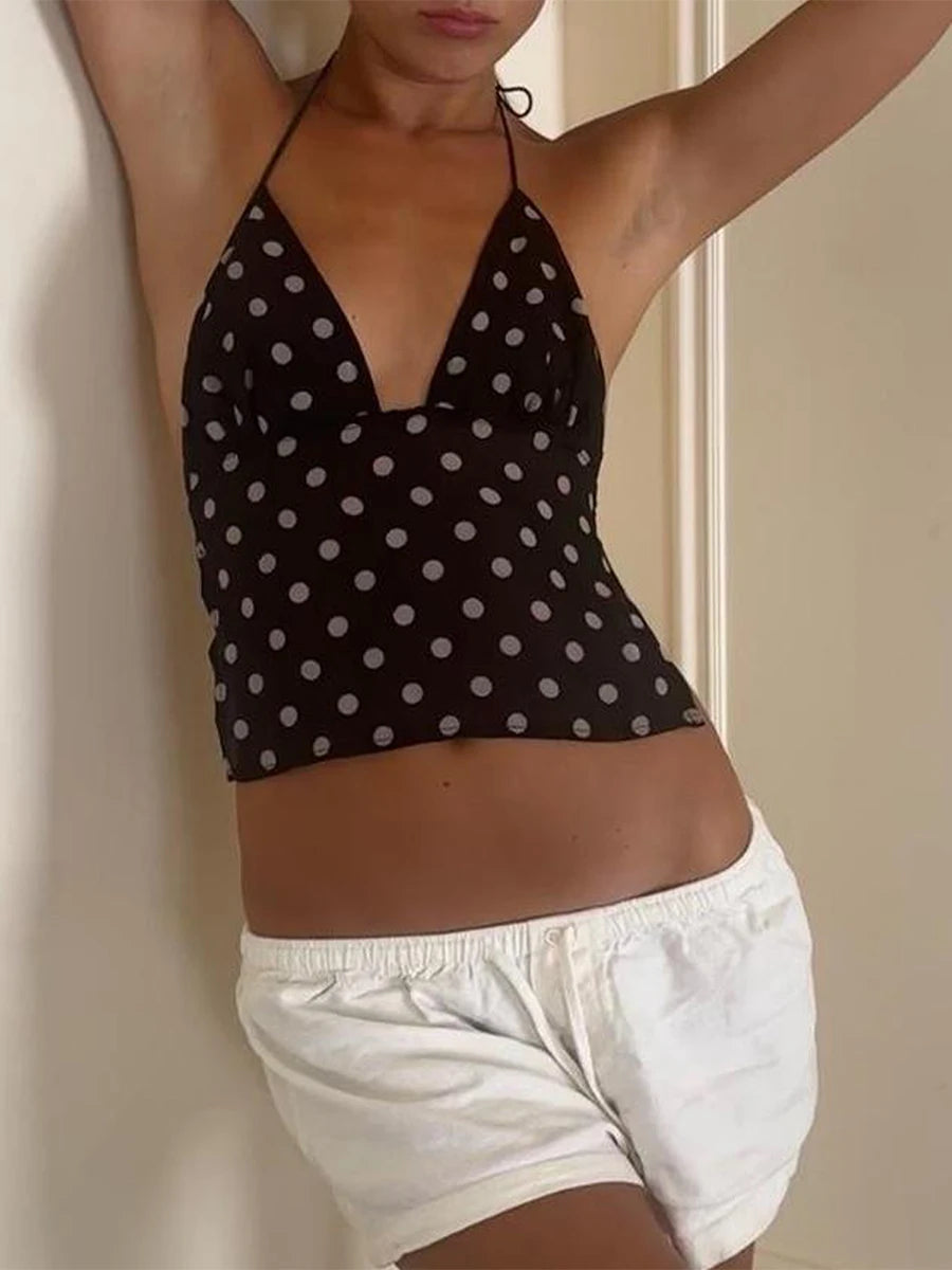 Gaono Women Sexy Camisole Top Sleeveless Backless V-Neck Polka Dot Print Tank Top Y2k Coquette Halter Neck Cami Crop Top