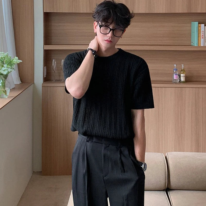 Men's Clothing Light Luxury Hollow Out O Neck Knit T Shirt Leisure Solid Color Short Sleeve Korean Popular Retro Knitwear M-2XL