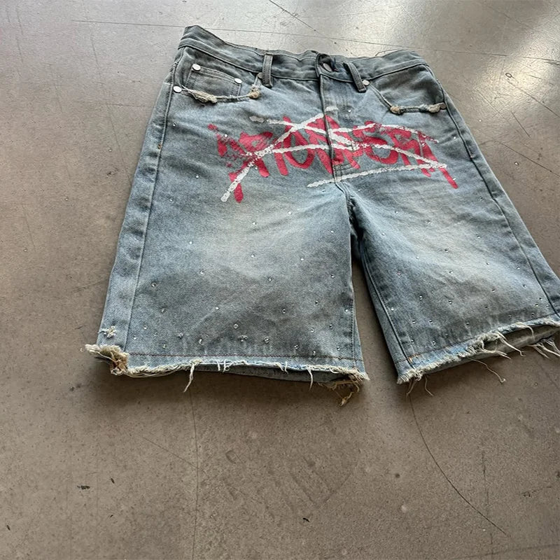 American Fashion Trend Letter Printing Splicing Patches Denim Shorts Y2K Gothic Hip Hop Men Women Punk Vintage Wide Leg Pants