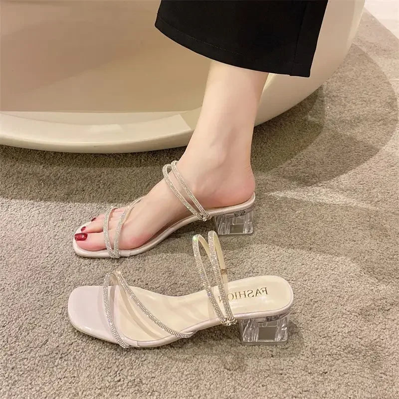 Two-wear 2025 New Style Women's Sandals Rhinestone Embellished Fashion Outerwear High Heel Net Weight Casual Shoes