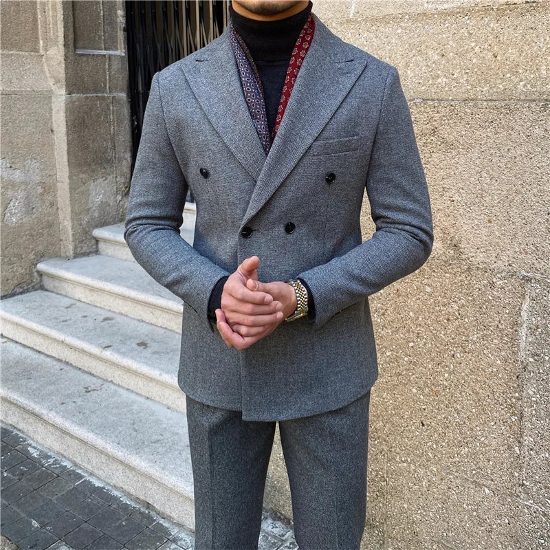 Vintage Men's Suit 2 Pieces Business Formal Casual Double Breasted Slim Fit Suits Party Wedding Dress Costume Male Suit