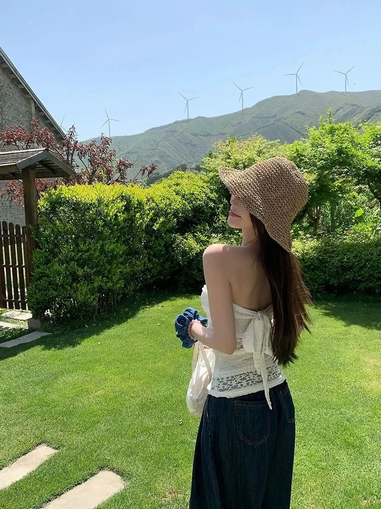 Titi Little Sister Summer French Lace Hollow Splicing White Outerwear Top Strapless Floral Embroidery Hollow out Design