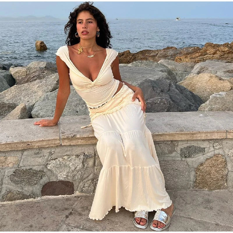 Fashion Solid Folds Long Skirt Sets For Women Summer Sexy Off Shoulder V-neck Cropped Tops High Waist Long Skirts 2 Pieces Sets