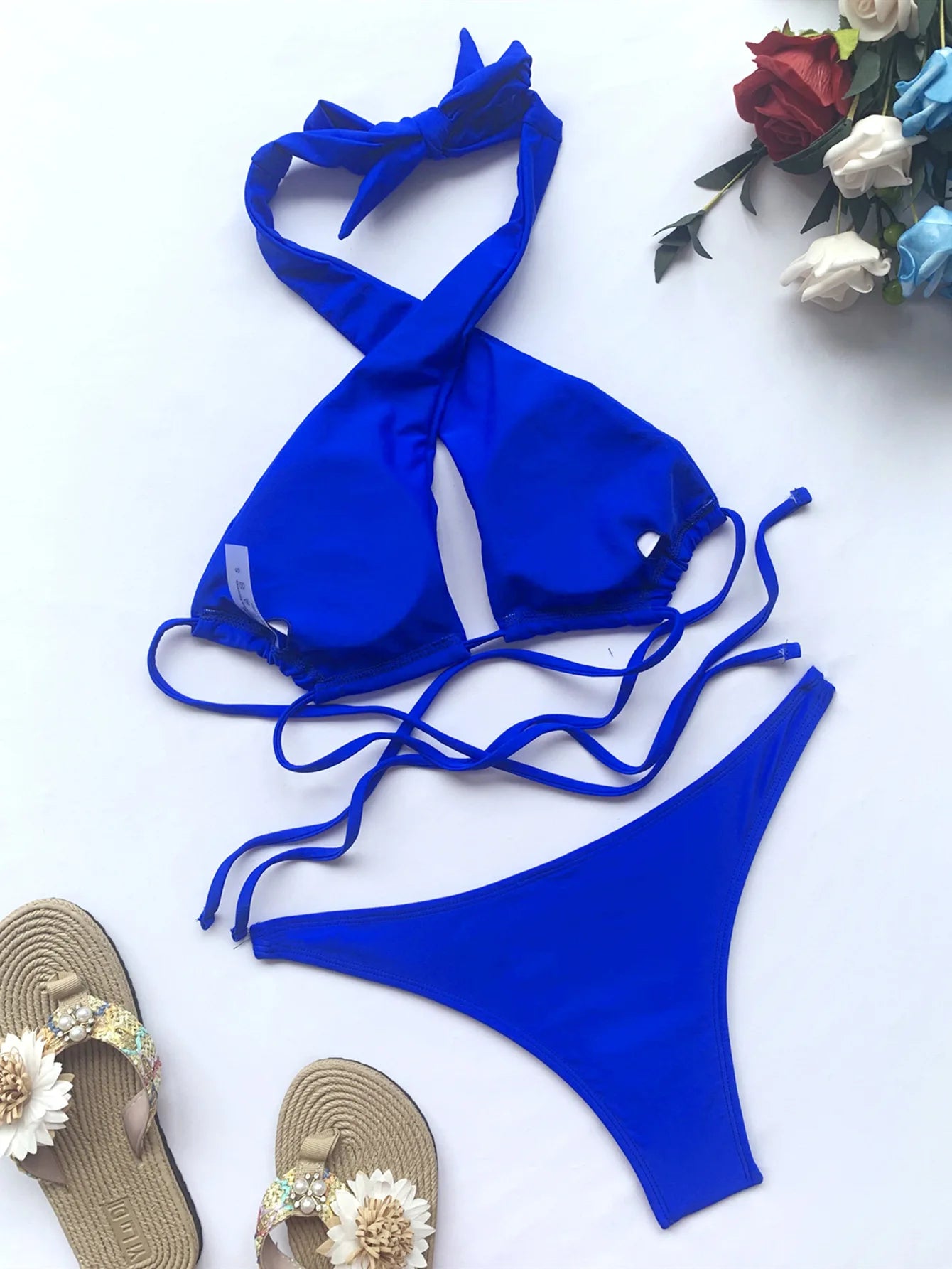 2025 Summer Women's Halter Lace-Up Swimsuit Backless Bikini Set Sexy Hollow Out Swimwear High Waist Monokini Beach Bathing Suits