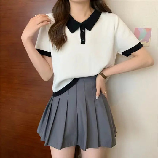 College Style Summer New Knitted Short-sleeved Ice Silk T-shirt Women's Polo Shirt Design Niche Short Underwear Top