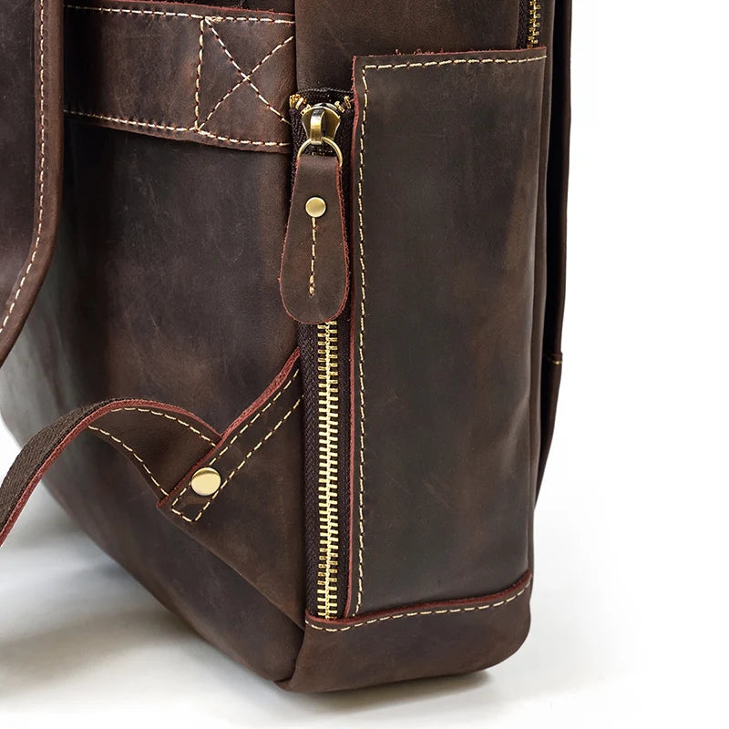 Vintage Travel Backpack leather double zipper bagpack male crazy horse leather backpack handmade leather travel bag men bag
