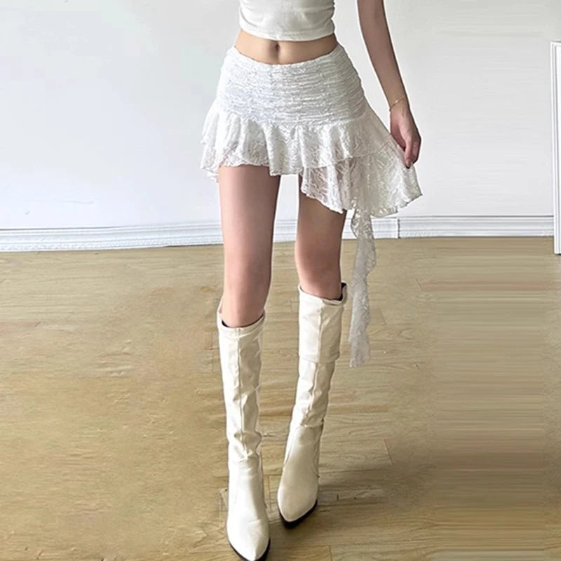 Vintage Lace Asymmetrical Skirts Sexy Mid Waist Mini Skirts Women French Fashion Streetwear Ladies Y2k Clothes