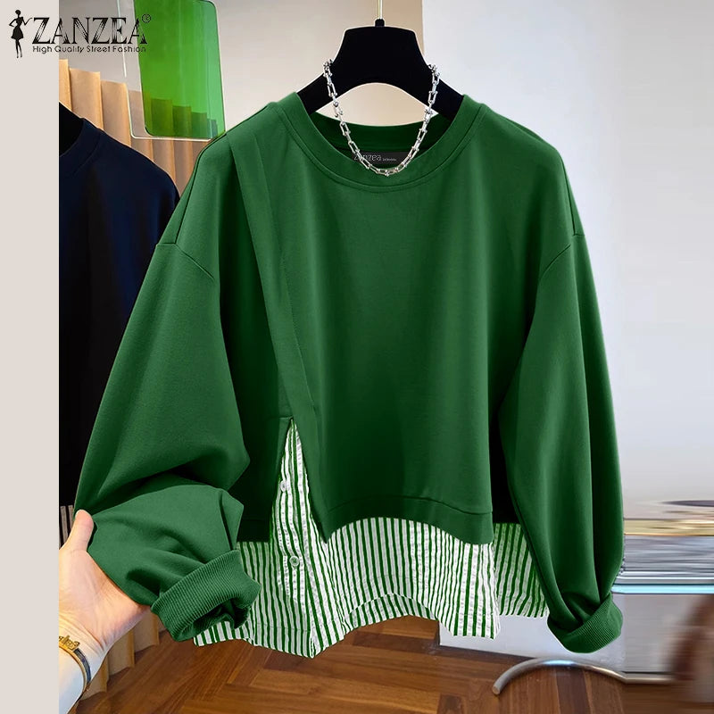 ZANZEA Women Long Sleeve Hoodies 2024 Autumn Fake Two Piece O-Neck Sweatshirt Fashion Loose Stripes Splicing Front Slit Pullover