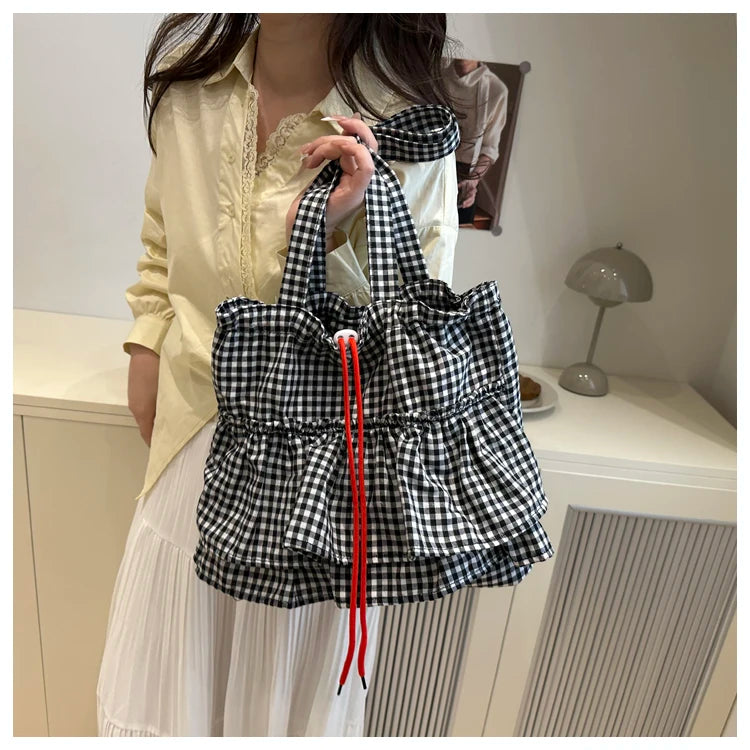 Korean Sle Large Capaci Canvas Tote Bag Blue Plaid Single oulder Skirt Pleated Gown Bag Faionable Casual Handbag