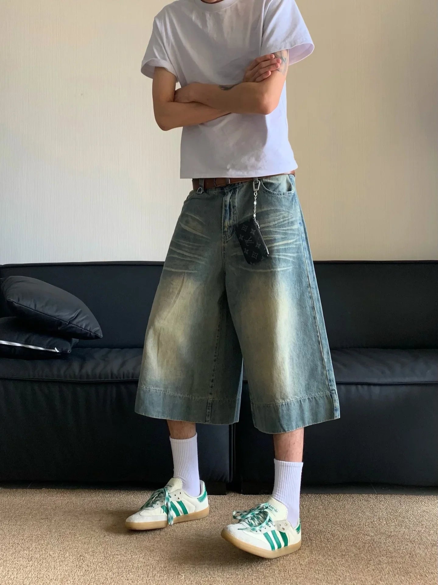 2024 Summer New Style Vintage Wide-leg Jeans 7-point Straight Leg Denim Mid-length Shorts For Men American Retro Loose Fit