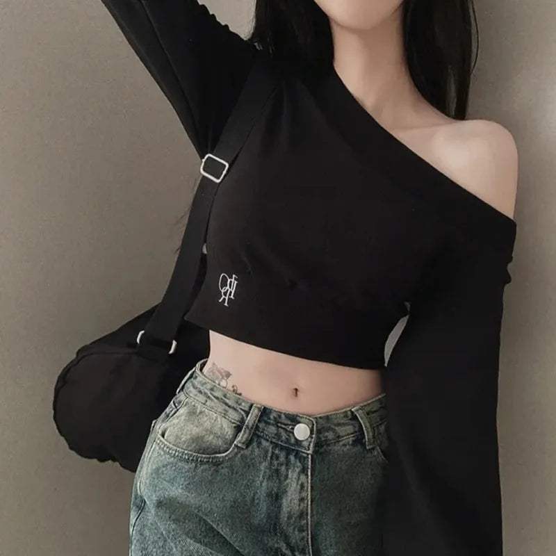 2025 Spring New Irregular Skew Collar Hoodies Women Sexy Fashion Sweatshirts Long Puff Sleeve Short Solid Slim Pullover Tops