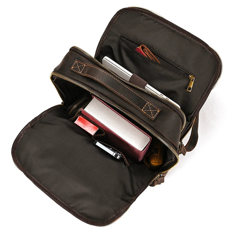 Vintage Travel Backpack leather double zipper bagpack male crazy horse leather backpack handmade leather travel bag men bag
