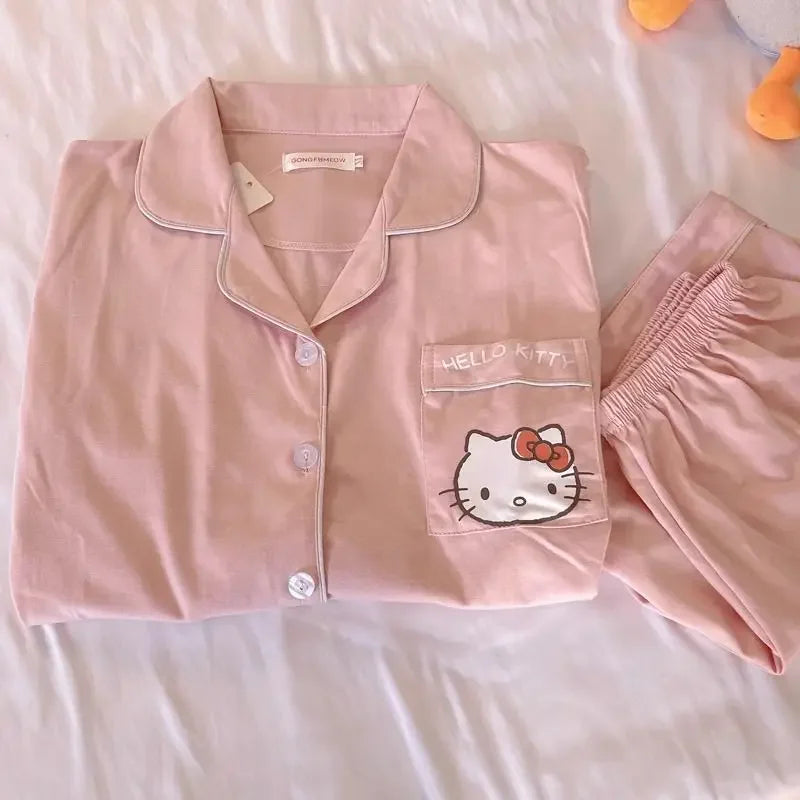 Hello Kitty girl cartoon cute kawaii summer new Sanrio anime short-sleeved pajamas set creative cardigan home clothes gift