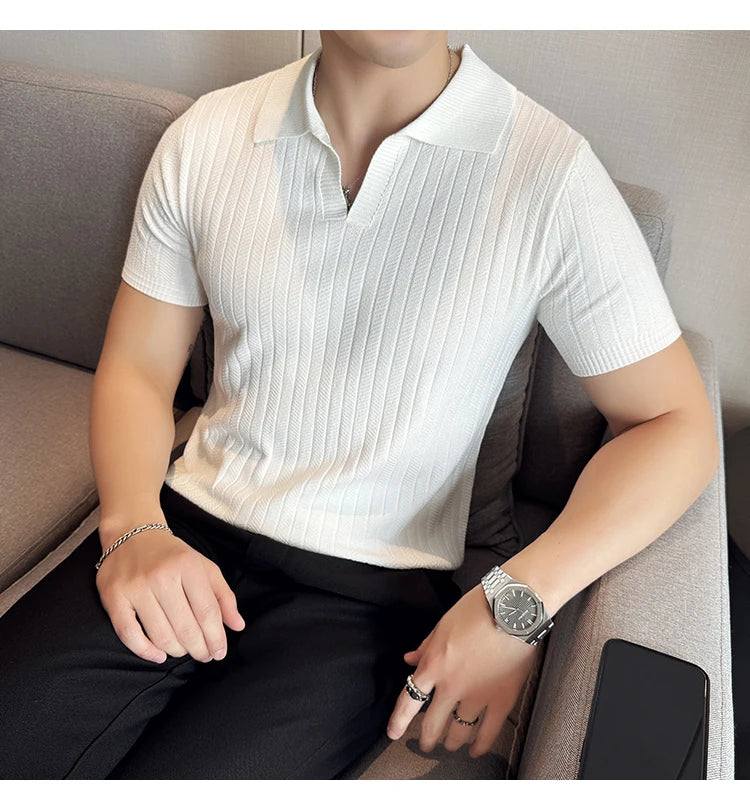 Men Striped Polo Shirt 2025 Summer Light Thin Breathable Solid Casual Elastic Slim Fit Short Sleeved V-neck T-shirt Men Clothing